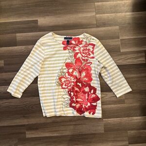 Karen Scott Cream‎ Striped Top with Red Floral Accents